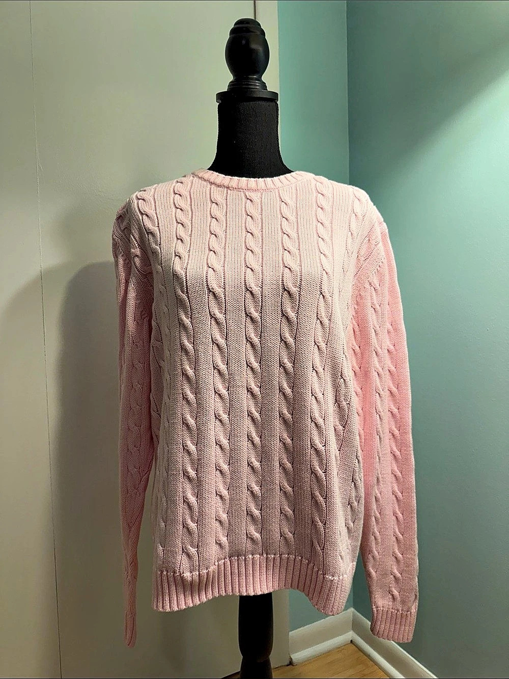 Lands' End Cable Knit Crewneck Sweater Pink Size Large (14-16)